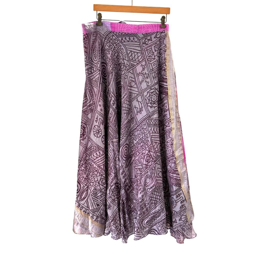 Boho Reversible Wrap Skirt Silk Purple Pink Tie Hippie Indie Fairy Layered - Picture 4 of 12